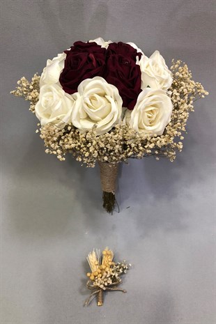 Kırmızı ve Beyaz Güllü Cipsolu Gelin Buketi