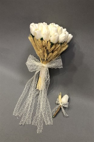 Islak Lale ve Başaklı Gelin El Çiçeği ve Damat Yaka Çiçeği