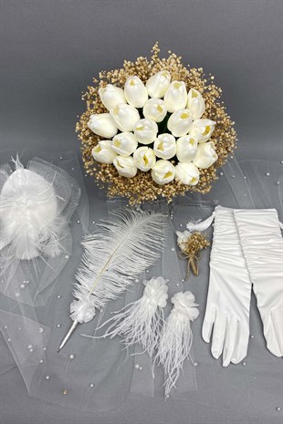 Islak Laleli Cipsolu Gelin Buketi Nikah Şapkası ve Gelin Eldiveni Seti