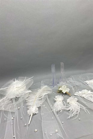 Islak Laleli Cipsolu Gelin Buketi Nikah Şapkası ve Gelin Eldiveni Seti