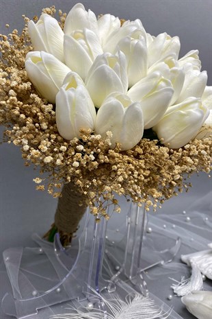 Islak Laleli Cipsolu Gelin Buketi Nikah Şapkası ve Gelin Eldiveni Seti