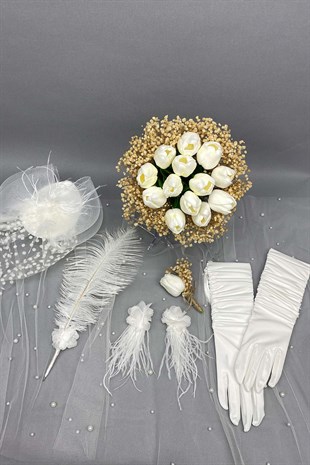 Islak Laleli Cipsolu Gelin Çiçeği,Nikah Şapkası ve Gelin Eldiveni Seti