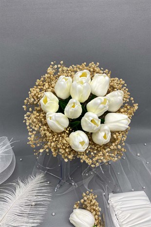 Islak Laleli Cipsolu Gelin Çiçeği,Nikah Şapkası ve Gelin Eldiveni Seti