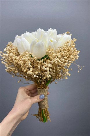 Islak Laleli Cipsolu Gelin Çiçeği,Nikah Şapkası ve Gelin Eldiveni Seti