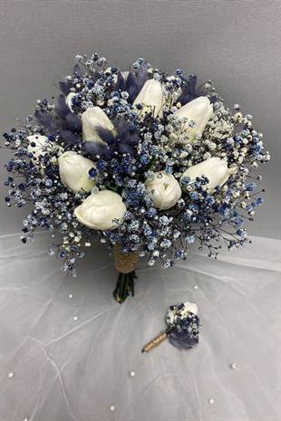 Bride Bouquet and Groom Boutonniere with Wet Tulips and Blue Gypsum