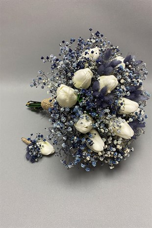 Bride Bouquet and Groom Boutonniere with Wet Tulips and Blue Gypsum