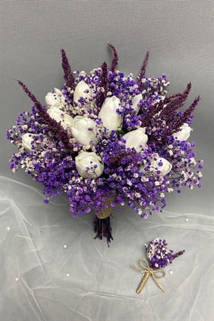 Islak Laleli Mor Cipsolu Gelin Buketi ve Damat Yaka Çiçeği