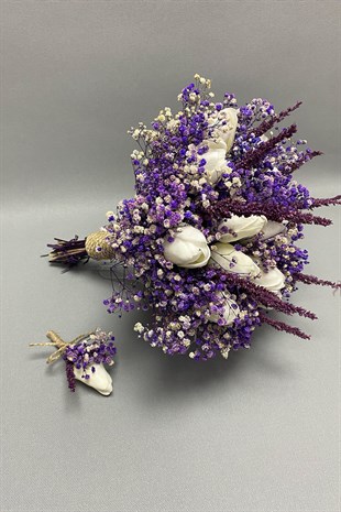 Islak Laleli Mor Cipsolu Gelin Buketi ve Damat Yaka Çiçeği