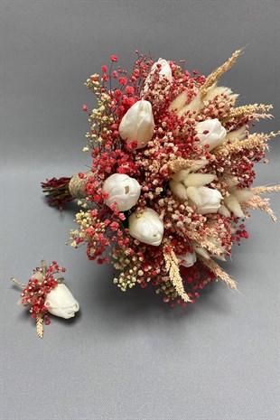 Wet Tulip Powder Bridal Bouquet and Groom Boutonniere with Gypsum