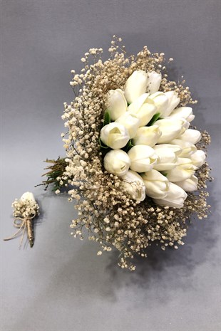 Islak Laleli ve Krem Cipsolu Gelin Buketi