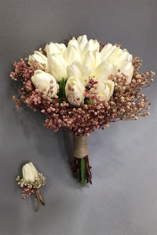 Islak Laleli ve Pudra Cipsolu Gelin Buketi