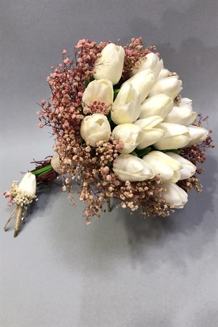 Islak Laleli ve Pudra Cipsolu Gelin Buketi