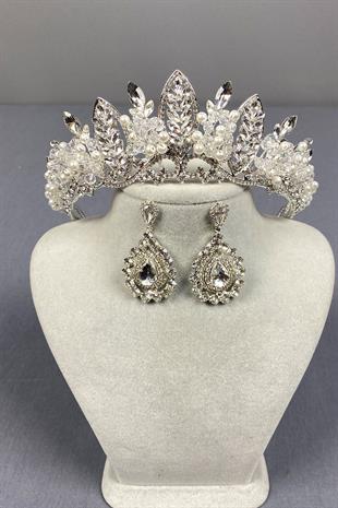 Jabbah Boncuk İşlemeli Gelin Kına Tacı Ve Yaprak Küpe