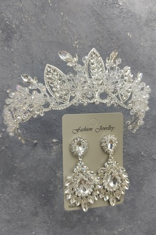 Jabbah Model Gelin Tacı Ve Damla Mekik Taşlı Küpe