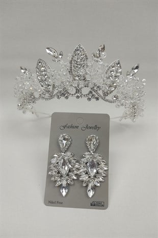 Jabbah Model Gelin Tacı Ve Damla Taşlı Küpe