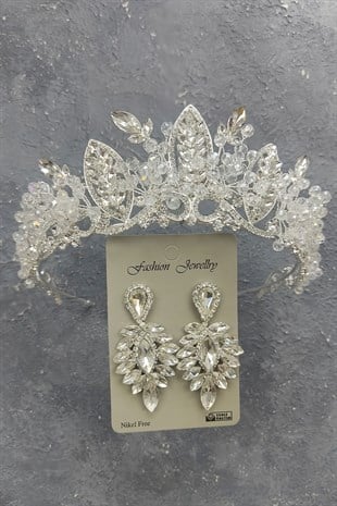 Jabbah Model Gelin Tacı Ve Damla Taşlı Küpe