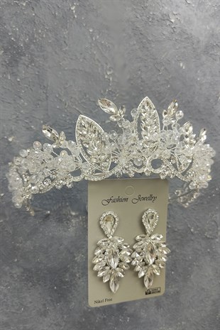 Jabbah Model Gelin Tacı Ve Damla Taşlı Küpe