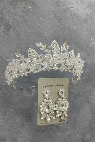 Jabbah Model Gelin Tacı Ve Mekik Damla Taşlı Küpe