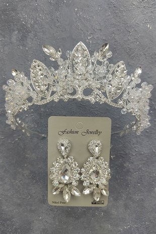 Jabbah Model Gelin Tacı Ve Mekik Damla Taşlı Küpe