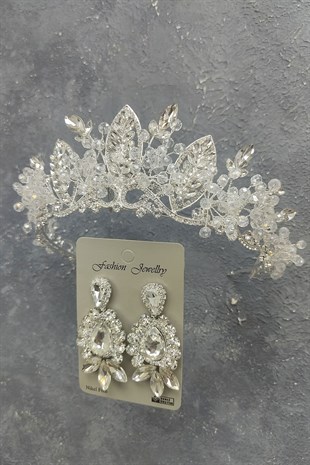 Jabbah Model Gelin Tacı Ve Mekik Damla Taşlı Küpe