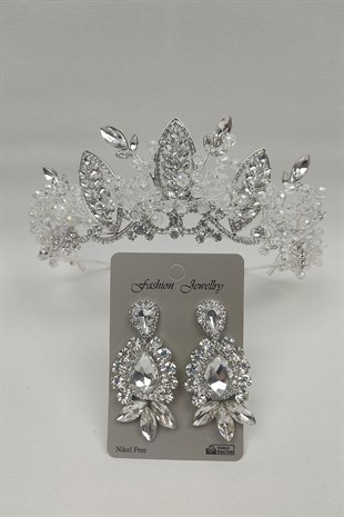 Jabbah Model Gelin Tacı Ve Mekik Damla Taşlı Küpe