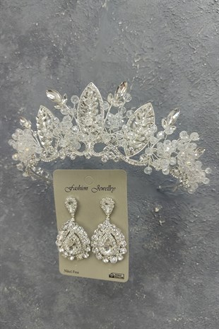 Jabbah Model Gelin Tacı Ve Mekik Taşlı Küpe