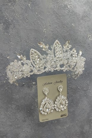 Jabbah Model Gelin Tacı Ve Mekik Taşlı Küpe