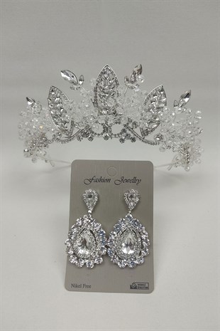 Jabbah Model Gelin Tacı Ve Mekik Taşlı Küpe