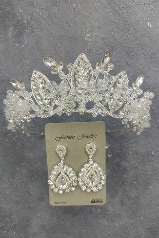 Jabbah Model Gelin Tacı Ve Mekik Taşlı Küpe