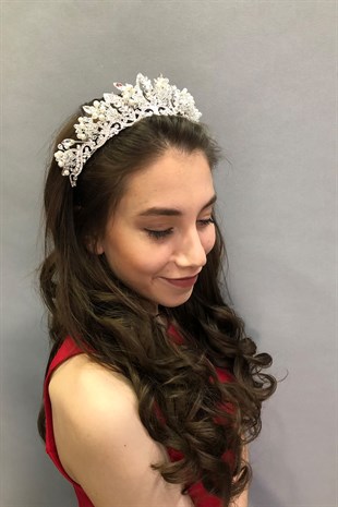 Jabbah Model Gümüş Renk İncili Gelin Tacı