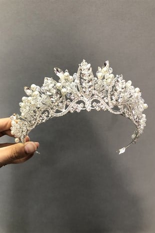 Jabbah Model Gümüş Renk İncili Gelin Tacı