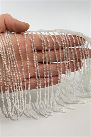 Janjanlı Beyaz Boncuklu 15 cm Saçak Püskül