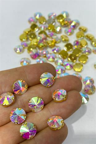 Janjanlı Gold Yuvarlak Kasalı Dikme Cam Taş Kristal Boncuk 10 Adet