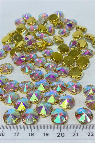 Janjanlı Gold Yuvarlak Kasalı Dikme Cam Taş Kristal Boncuk 10 Adet