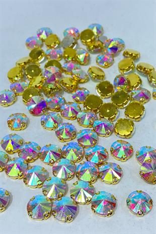 Janjanlı Gold Yuvarlak Kasalı Dikme Cam Taş Kristal Boncuk 10 Adet