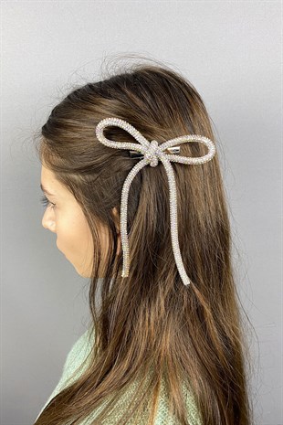 Janjanlı Gümüş Full Taşlı Tasarım Fiyonk Saç Tokası