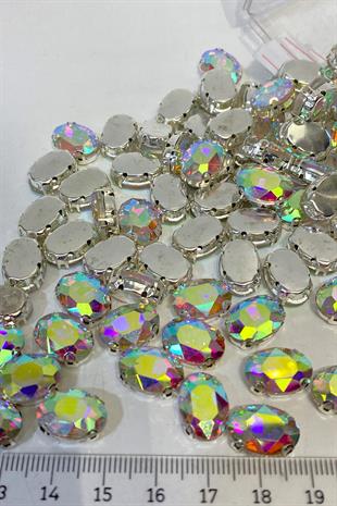 Janjanlı Gümüş Renk Oval Metal Kasalı Beyoğlu Taşı Dikme Cam Boncuk 5 Adet