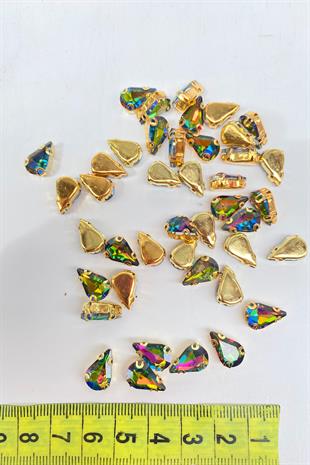 Janjanlı Şeffaf Gold Zeminli Dikme Parlak Cam Damla Boncuk 10 Adet