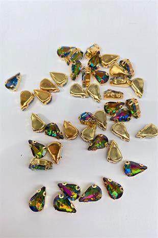 Janjanlı Şeffaf Gold Zeminli Dikme Parlak Cam Damla Boncuk 10 Adet