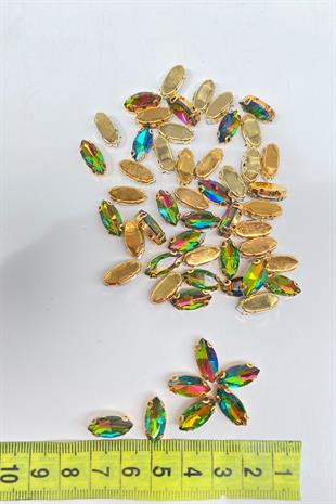 Janjanlı Yeşil Gold Zeminli Dikme Parlak Cam Mekik Boncuk 10 Adet