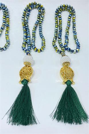 Janjanlı Yeşil Hediyelik Laleli Püsküllü Kristal Boncuklu 99 Lu Namaz Tesbihi ( Mevlüt-sünnet-hac-umre)