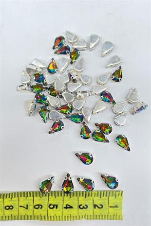 Janjanlı Yeşil  Kasalı Dikme Parlak Cam Damla Boncuk 10 Adet