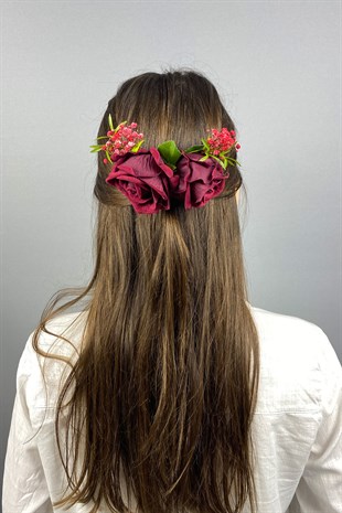 Kadife Güllü Cipsolu Taraklı Saç Tokası