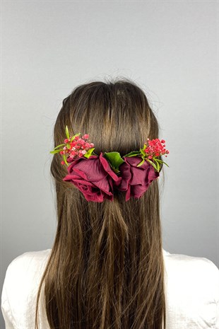 Kadife Güllü Cipsolu Taraklı Saç Tokası