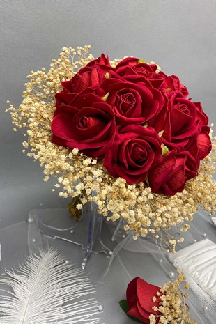 Kadife Güllü Gelin Buketi,Nikah Şapkası ve Gelin Eldiveni Seti