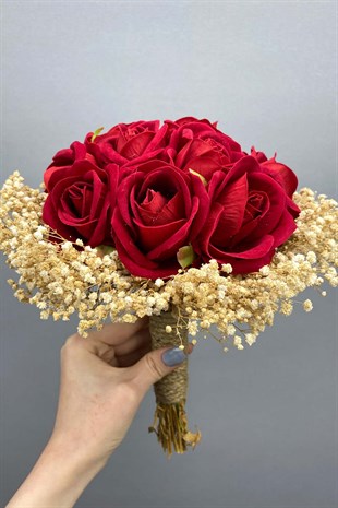 Kadife Güllü Gelin Buketi,Nikah Şapkası ve Gelin Eldiveni Seti