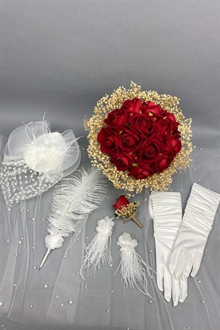 Kadife Güllü Gelin Buketi,Nikah Şapkası ve Gelin Eldiveni Seti