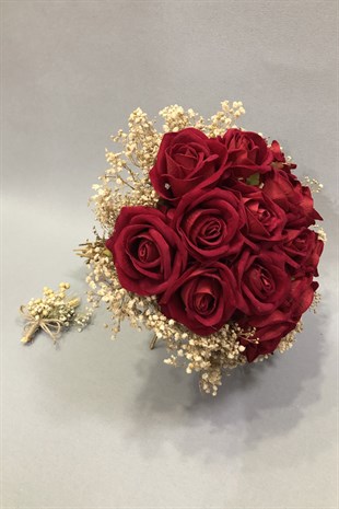 Kadife Kırmızı Gül ve Krem Cipsolu Gelin Buketi