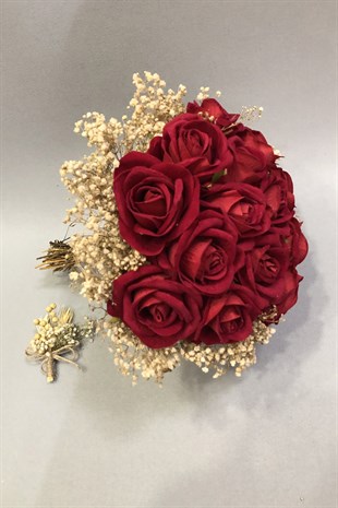 Kadife Kırmızı Gül ve Krem Cipsolu Gelin Buketi