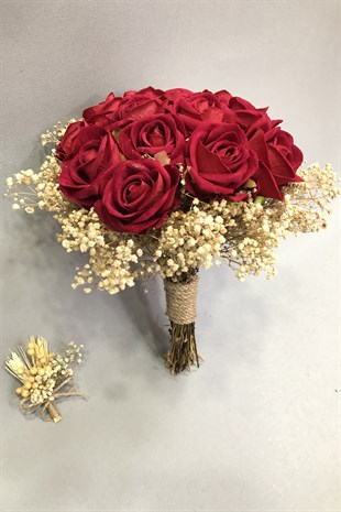 Kadife Kırmızı Gül ve Krem Cipsolu Gelin Buketi